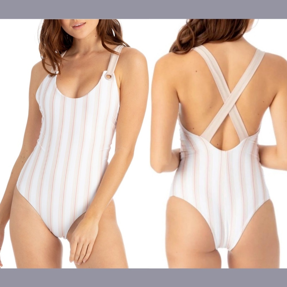 NWT Tavik [ XS ] Axel Striped One Piece Swimsuit in‎ Tapioca/White